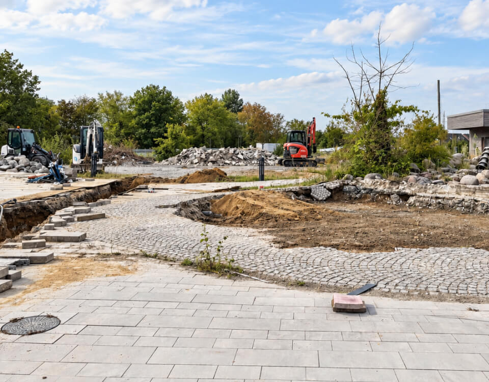 Baustelle im Außenbereich des Mona Mare in Monheim am Rhein mit Baggern, Pflasterarbeiten und neu gestalteten Landschaftselementen