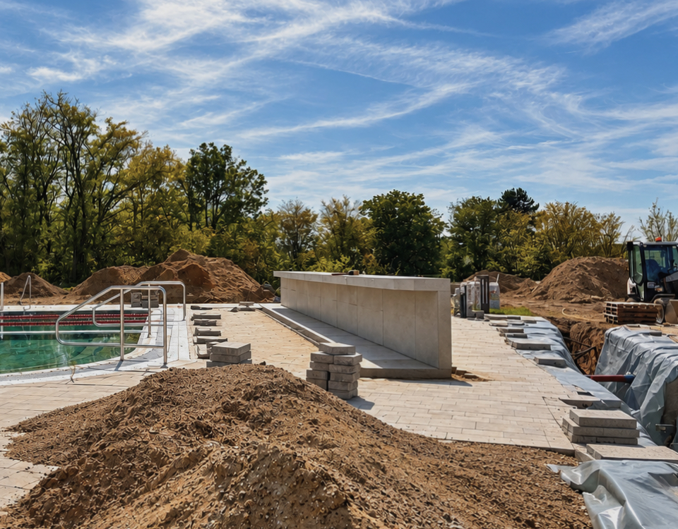 Baustelle im Außenbereich des Mona Mare mit gefülltem Becken, Erd- und Sandhügeln, Pflasterflächen und Baufahrzeugen.